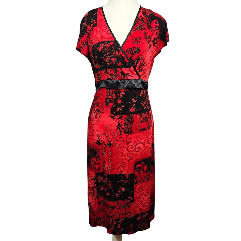 Vtg Beware! Red Asian Print Babydoll Wrap Dress Size M? Whimsigoth Y2K Romantic